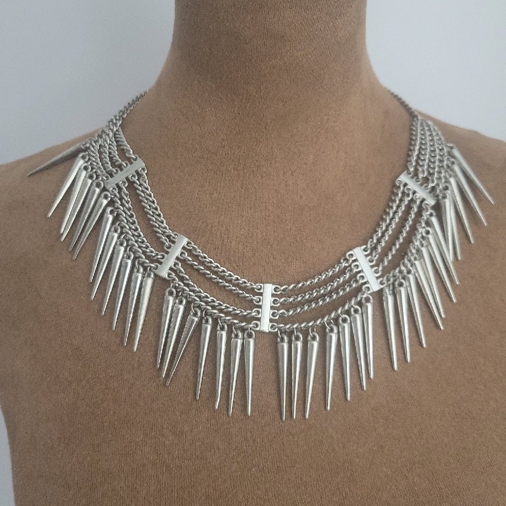 Silver Multi Strand Spike‎ Fringe Statement Necklace 16-20 Inch Adjustable Goth